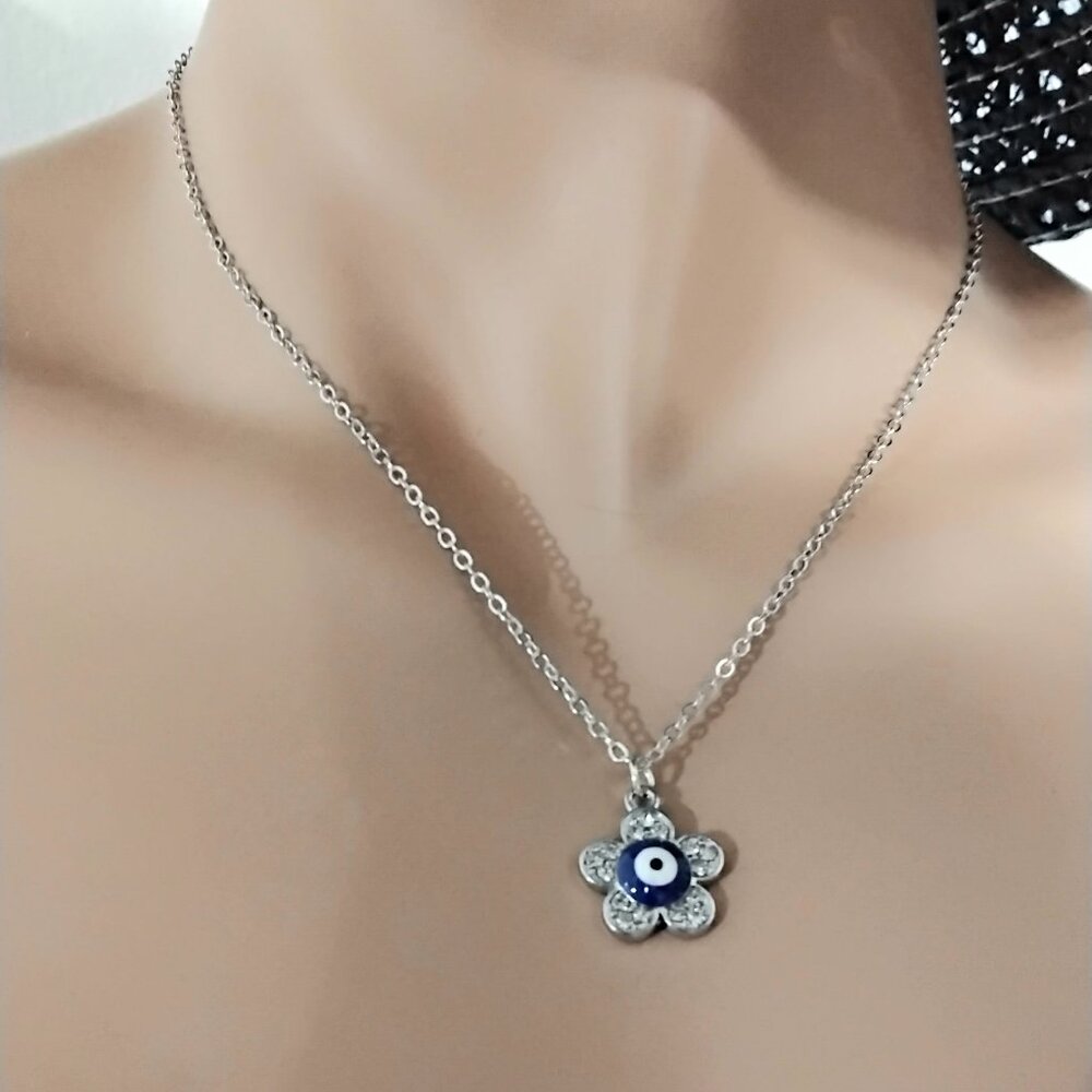 evil eye Flower necklace CZ silver tone Good Luck Charm Protection Pendant